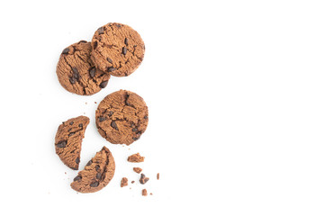 homemade chocolate chips cookies on white background in top view