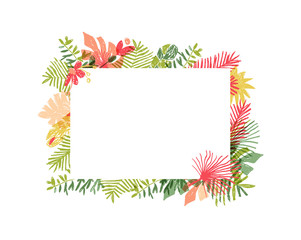 Hand drawn tropical flower composition, botanical framing. illustration isolated on white background. Floral jungle frame, exotic plant leaf framework, lets flamingle © antuanetto