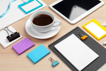 Corporate identity design template on wooden desk close up