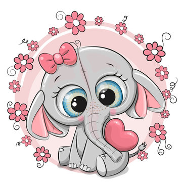 Cute Cartoon Elephant girl with heart and flowers