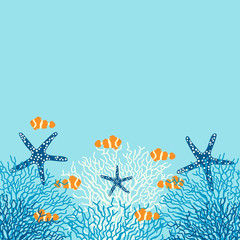 Naklejki  Tło wektor życia morskiego z koralowców, ryb i rozgwiazdy na niebieskim tle.