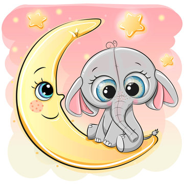 Cute Cartoon Elephant on the moon