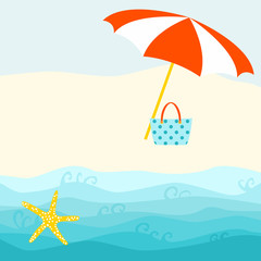 Fototapeta na wymiar Summer card design with parasol, bag, starfish on the beach