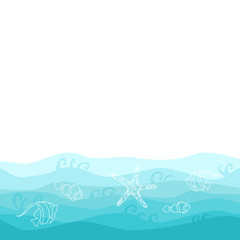 Fototapeta na wymiar Summer card design with fish, starfish and wavy ocean