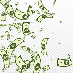 Indian rupee notes falling. Random INR bills on tr