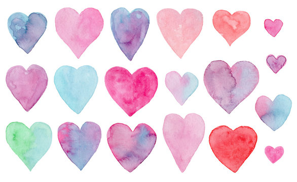 Beautiful collection of cute vibrant watercolor hearts for Valentines day greeting cards and banners design. Cute hand drawn pink, blue, purple, green heart illustration for romantic decoration