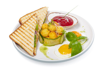 Sandwich with ham, cheese, tomatoes, lettuce, and toasted bread. Top view isolated on white background.