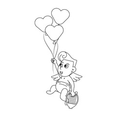 Cupid with hearts balloons and harp