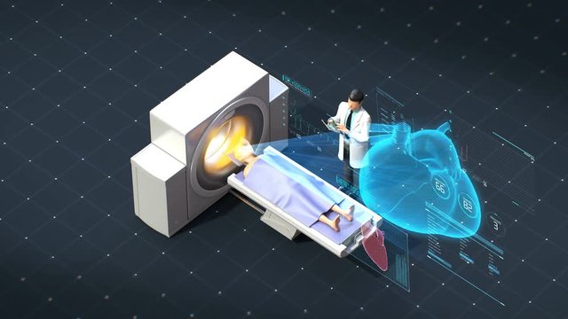MRI scanner vector illustration of doctor and patients on medical MRI scanning examination with hologram heart. future medical technology, 4k animation.
