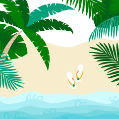 Fototapeta na wymiar Summer card design with flip flop and tropical leaves on the sandy beach