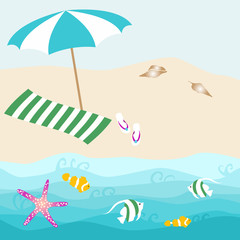 Fototapeta na wymiar Summer card design with parasol, shell, towel, starfish, fish, slipper on the ocean beach