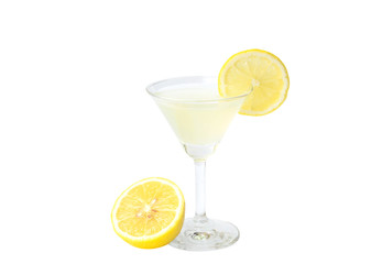 Glass of lemon juice and lime fruits  isolated on white background.