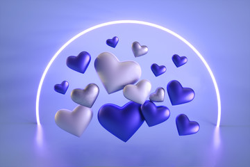 Valentines Day. Heart floating against glowing neon circle decoration.Abstract blue background.