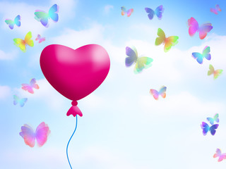 Fototapeta na wymiar Red Heart balloon and colourful Butterflies in the sky