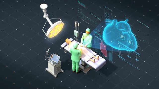 Surgery operating room vector illustration of doctor and patients with hologram heart, future medical technology. 4k animation.