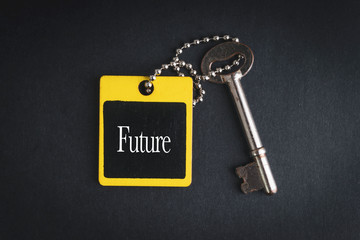 FUTURE inscription written on wooden tag and key on black background with selective focus and crop fragment. Business and education concept