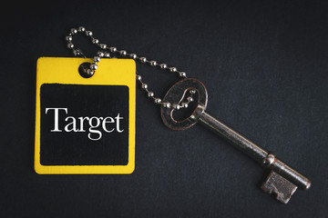 TARGET inscription written on wooden tag and key on black background with selective focus and crop fragment. Business and education concept