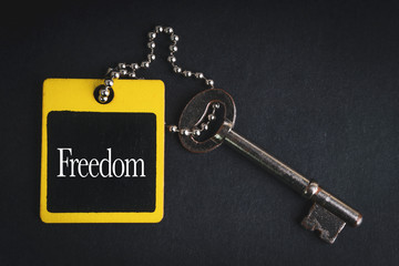 FREEDOM inscription written on wooden tag and key on black background with selective focus and crop fragment. Business and education concept