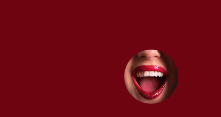 Red lips and shiny smile through hole in red paper background. Make up artist, beauty cosmetics sale. Spring, woman day concept. Beauty salon advertising banner with copy space