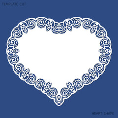 Greeting card with openwork border, paper doily under the cake, template for cutting in the form of heart, valentine card,  wedding invitation, decorative plate is laser cut,  vector illustrations.
