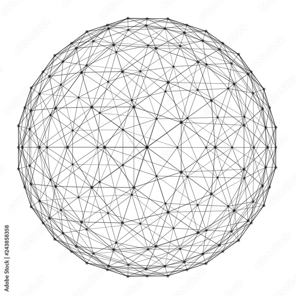 Poster structure of sphere with network connection lines and dots isolated on white background in futuristi