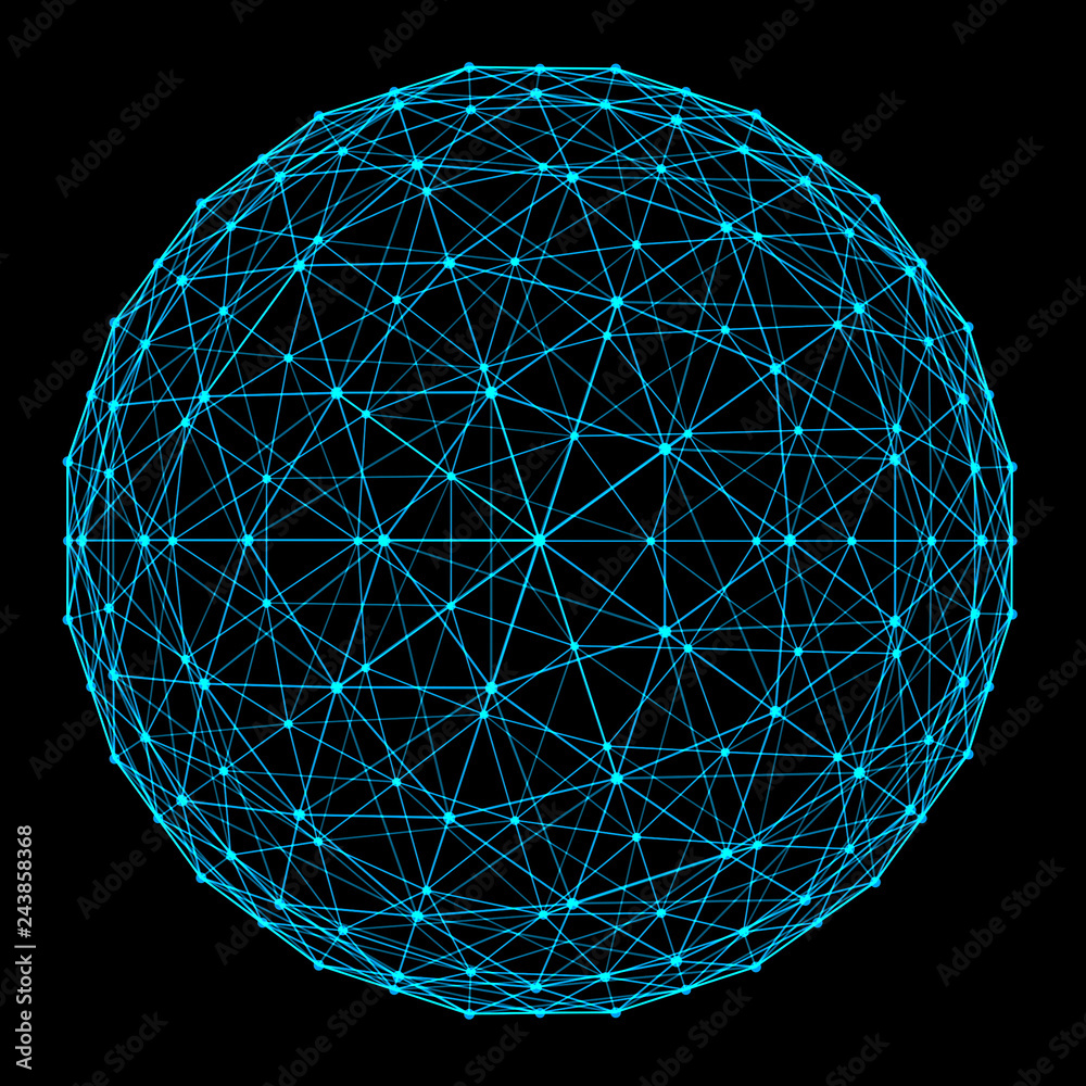 Poster structure of sphere with network connection lines and dots isolated on black background in futuristi