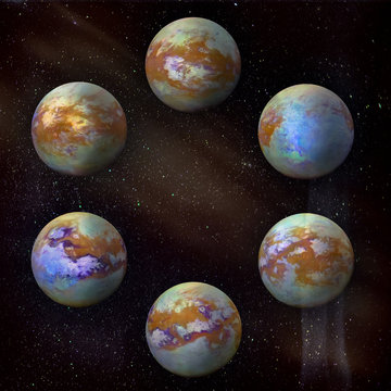 Saturn's moon Titan, set of six different angles in the circle at the galaxy stars background.