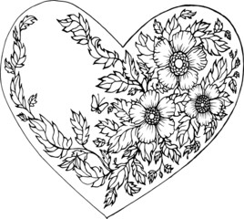 heart with flowers vektor black and white