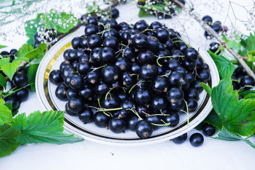 Fresh berries of black currant in a plate on a table. For a diet and saturation with vitamins