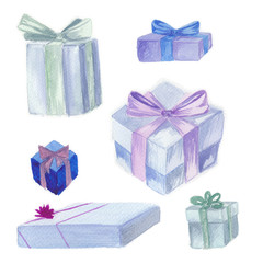 Set of drawn gift boxes. Hand-drawn blue gift boxes, watercolor illustration on a white background for your design.