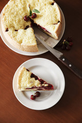 cherry pie on the table. Festive meal for the family. Making desserts. Menus for cafes, restaurants, bistros.