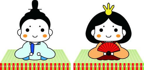 Japanese cute Hina dolls on tatami sheet