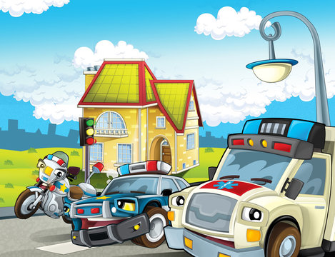cartoon scene with police car motor and policeman on patrol and ambulance - illustration for children
