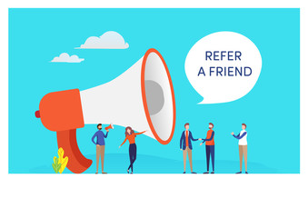 Refer a friend word concept. People vector illustration. Flat cartoon character graphic design. Landing page template,banner,flyer,poster,web page