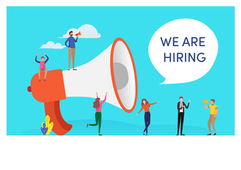 Mini peoples and megaphone say we are hiring word. People vector illustration. Flat cartoon character graphic design. Landing page template,banner,flyer,poster,web page