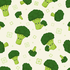 cute cartoon kawaii green vegetable broccoli with smiling face, seamless vector background