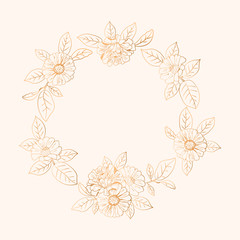 Wreath, frame with gold flowers (zinnia, camomile, sunflower, daisy). Elegant floral background for Save the date, Women`s day, Valentine`s day, Mother`s day card. Vector illustration.