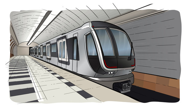 Hand drawn sketch subway station with train