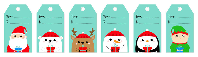 Christmas gift tag set. Santa Claus Elf White polar bear Snowman Raindeer Deer Penguin bird face. New Year. Cute cartoon funny kawaii baby character. Flat design Blue background.