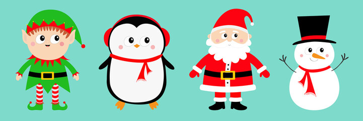 Snowman Santa Claus Elf Penguin set. Happy New Year. Merry Christmas. Red green black hat. Cute cartoon funny kawaii baby character. Greeting card. Flat design. Blue background.
