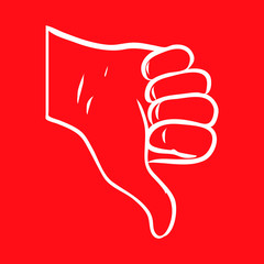 Thumbs down. White hand on red background. Red dislike symbol. isolated vector file. Communication, Smartphone, Chat, Copywriting, Internet.
