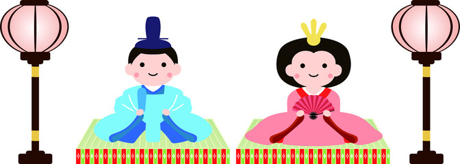 Japanese Hina dolls on tatami with paper lantern