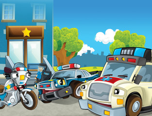 cartoon scene with police car and sports car car at city police station and ambulance - illustration for children