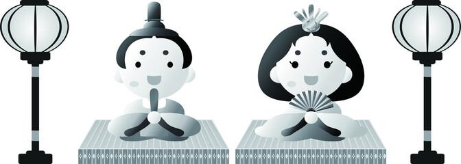 Japanese Monochrome Gradation Hina dolls on tatami sheet with paper lantern