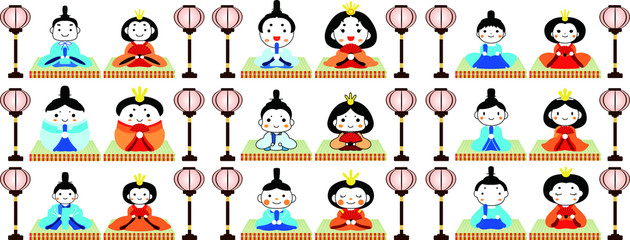 Fototapeta premium Japanese cute Hina dolls on tatami sheet with paper lantern set