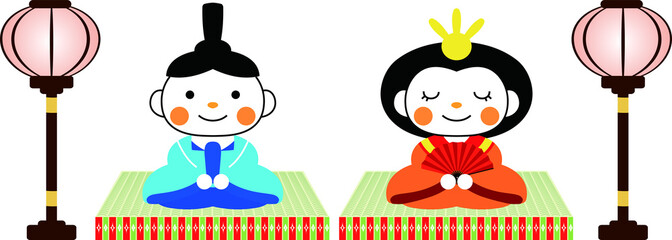 Japanese cute Hina dolls on tatami sheet with paper lantern