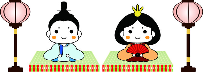 Japanese cute Hina dolls on tatami sheet with paper lantern