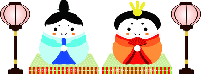 Japanese cute Hina dolls on tatami sheet with paper lantern