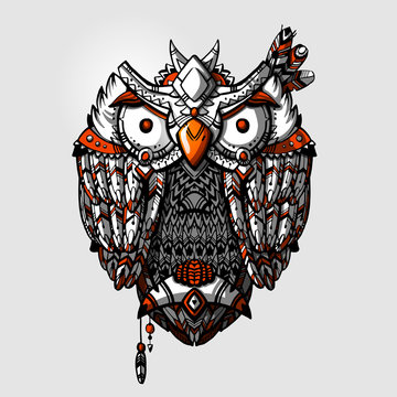 Bohemian hand drawn owl. Tribal boho owl. Wild indian aztec ethnic owl chief.