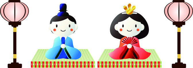 Japanese Gradation cute Hina dolls on tatami sheet with paper lantern